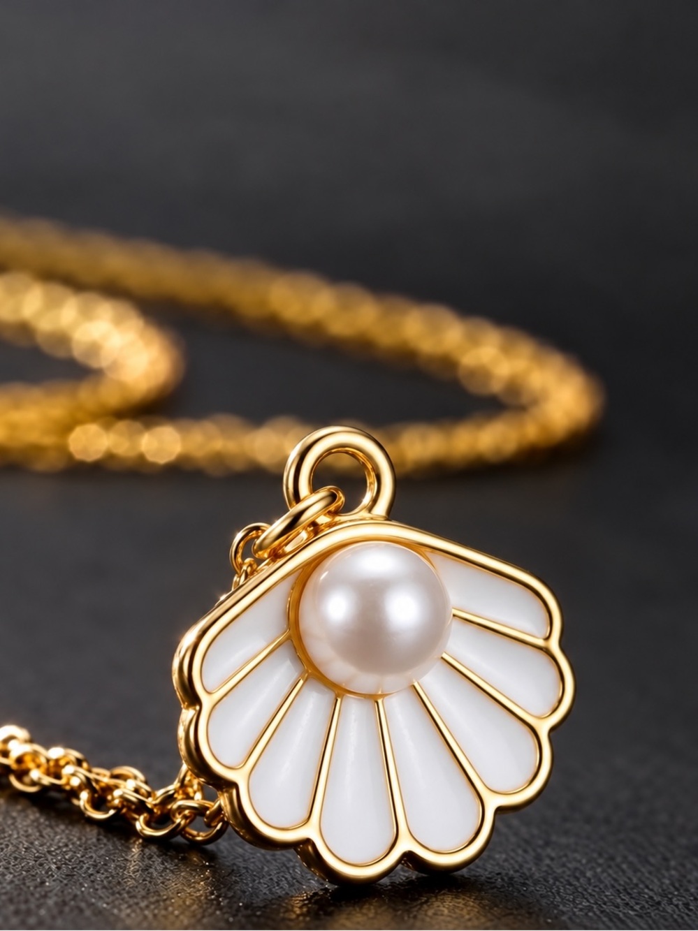 “Pearl in Clam Shell” White Enamel Seashell Mermaid Ocean Beach Surfer Necklace